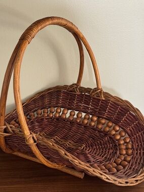 Vintage Boho Philippines Woven Gathering Basket Wrapped Handle Beads